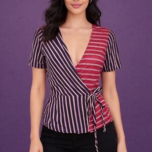 BCBG Striped Surplice Wrap Waist Tie V-neck Short Sleeve Top